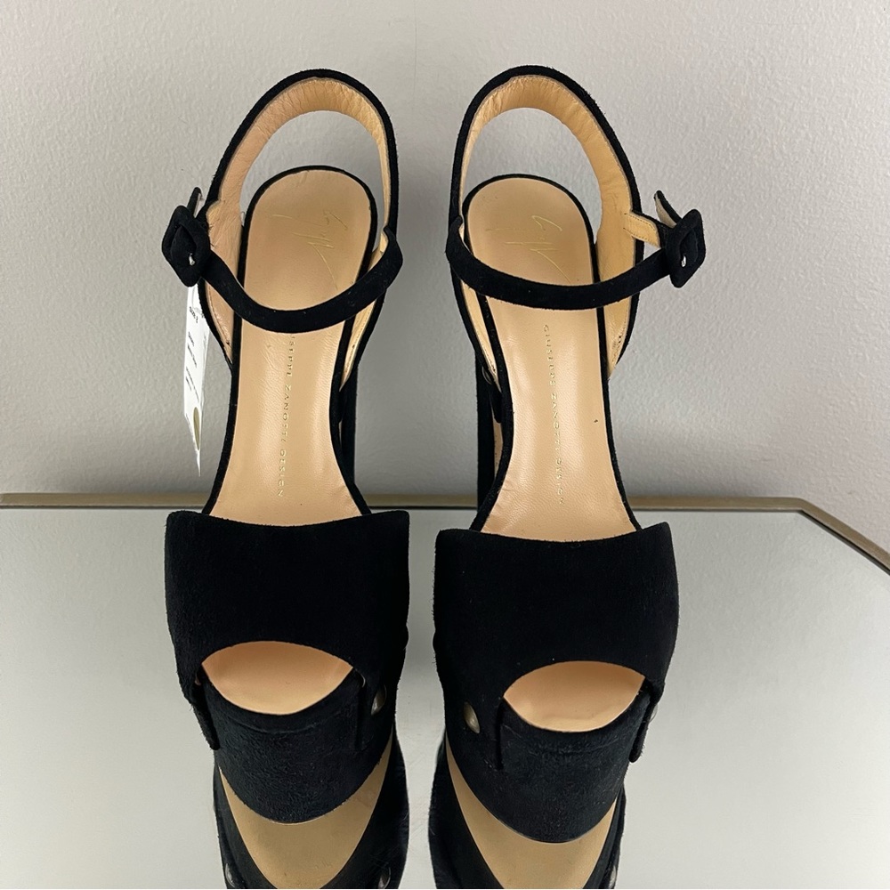 GIUSEPPE ZANOTTI Black Suede Brass Stud Betty Alien Platform Peep Toe Heels - Picture 5 of 14
